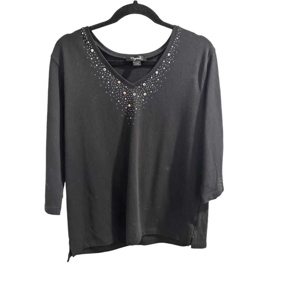 👗 2/$30 👗Crystalli Black V-Neck 3/4 Sleeve Top With Rhinestone Accents X-Large